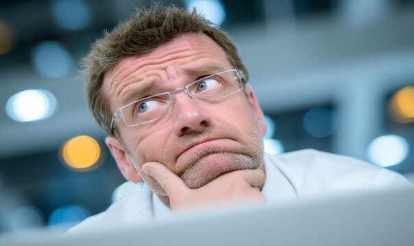 A manager in an office uses a laptop to address a problem, reflecting on potential errors and solutions, in contrast to a corporate employee who is uncertain about a particular idea, report, or