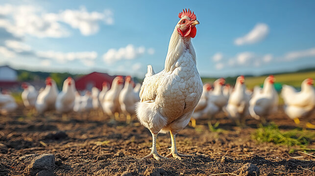  large group of white chickens standing on a poultry farm, free-range broilers in a natural outdoor setting 