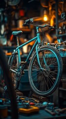 Rusty blue bicycle in a cluttered workshop