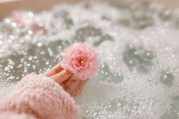 The image shows a woman's mid section as she sits on the bathtub edge, cradling rose petals in her hands