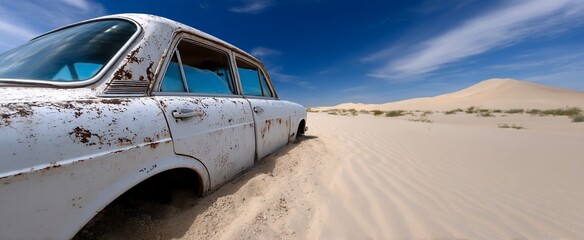 Rusty car abandoned in a vast desert landscape