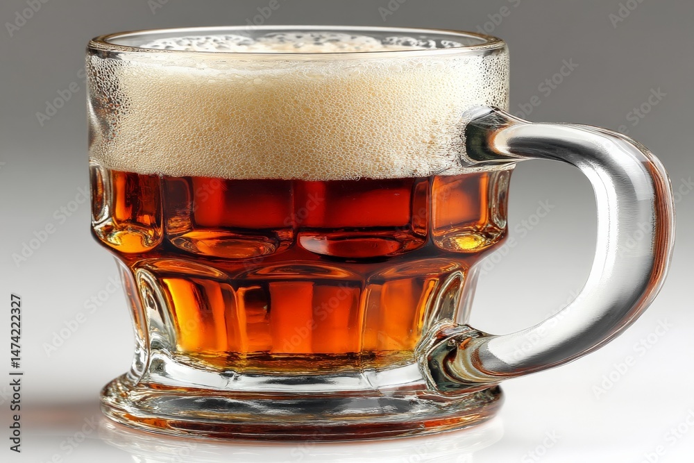 Poster enjoying a refreshing amber beer in a glass mug with creamy foam on top during a casual gathering