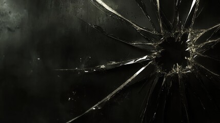 Jagged cracked glass with sharp splinters radiating from the center on a dark background