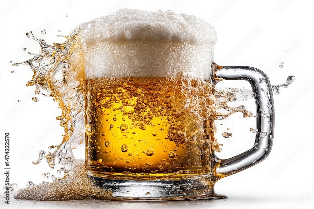 Poster refreshing beer splashing from a glass mug with frothy head and droplets
