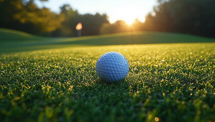 Close-up view of golf club and ball on green grass