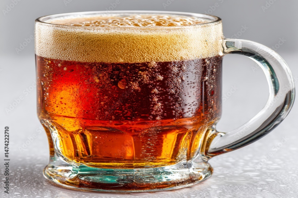 Poster refreshing craft beer served in a clear mug with bubbles and foam at a casual gathering