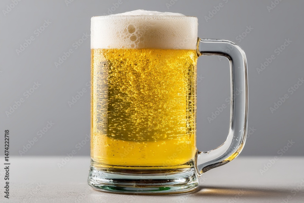 Poster refreshing beer mug filled with golden brew and frothy head on a light background