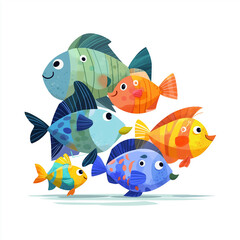 Naklejka premium Colorful Fish Illustration: A cheerful group of cartoon fish in vibrant colors swim together. Their happy expressions and playful designs create a joyful underwater scene.