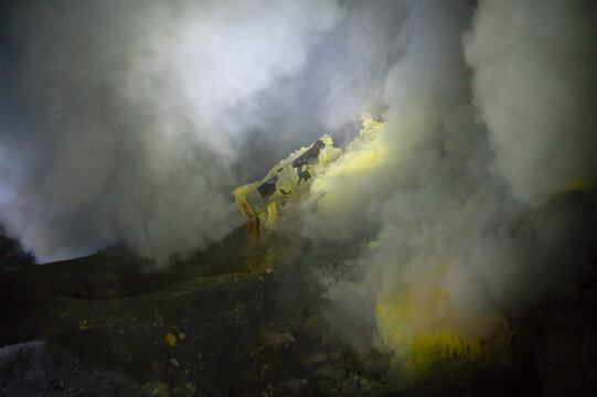 Sulfur Gas Emission at Ijen Volcano Crater in Indonesia