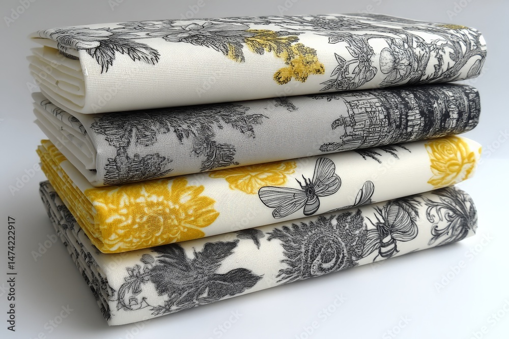 Poster Elegant fabric napkins with floral patterns stacked in a neat arrangement for table setting