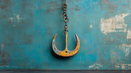 Rusty anchor hangs from chain on teal wall