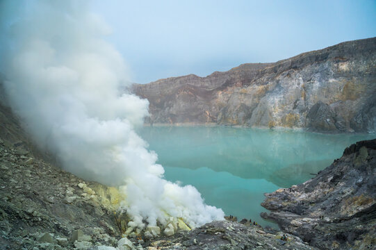 Sulfuric Mist Rising from Ijen Volcano's Crater Lake in Indonesia