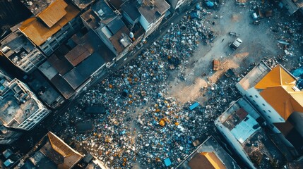 Urban marketplace, dense with activity, filled with waste
