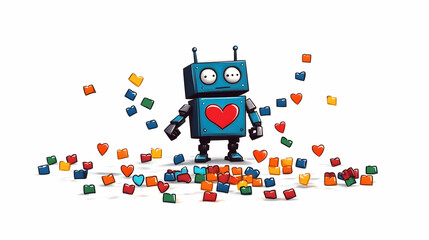 A cute blue robot with a heart spreads colorful love blocks