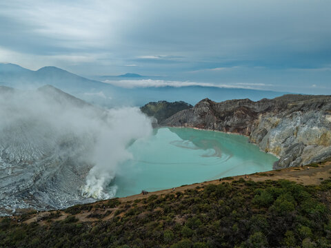 Mystical Landscape of Ijen Volcano with Sulfur Clouds