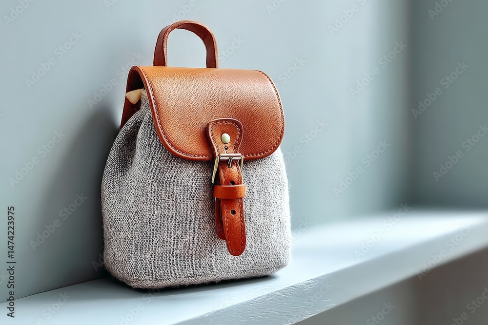 Poster Stylish wool and leather backpack resting on a shelf in a modern interior setting