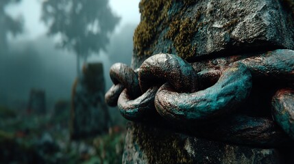Rusty chain wrapped around a mossy stone in a misty forest