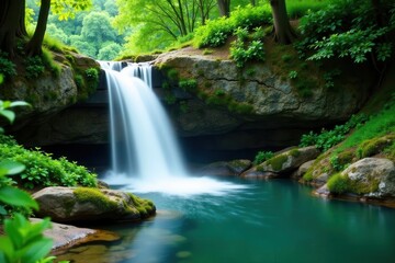 Gentle waterfall feature, lush greenery, stone textures , natural, calm