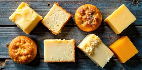 Assortment of dairy delights on weathered wood , breakfast, still life, ingredient