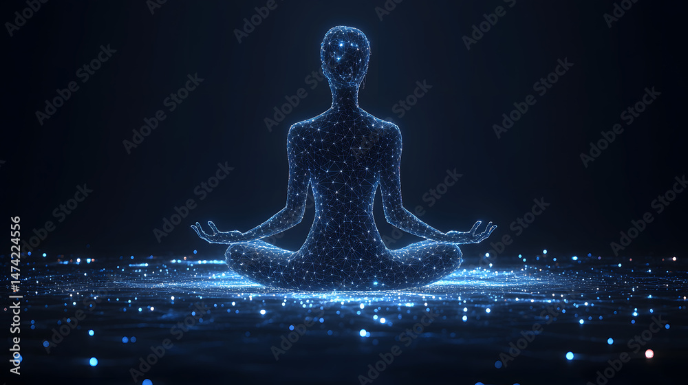 Poster Meditative figure in lotus position, glowing with blue light. Digital network of lines and points creates a serene energy field. Digital Wellness concept, Abstract wireframe in dark blue.