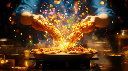 Magical pizza creation; two halves merging with sparks and colorful lights