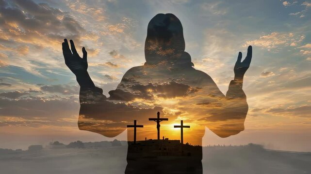 Jesus Christ on the background of Golgotha ​​with the crucifixion. Mystical Christian video of Good Friday, Easter background	