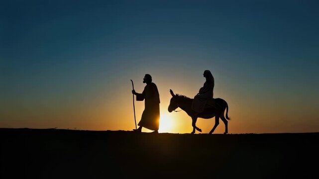 Joseph Virgin Mary on a donkey. Christian religious illustration, background, banner. Advent event	