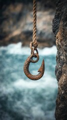 Rusty fishing hook hanging from a rope