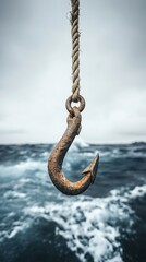Rusty fishing hook hanging from a rope over rough sea