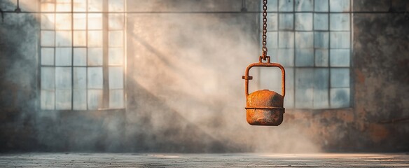 Rusty industrial relic hanging in a sun-drenched factory
