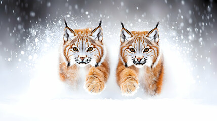 Two Eurasian lynx cubs playfully run through a snowy winter scene