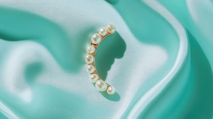 Fototapeta premium Minimalist pearl ear cuff on a pale icy blue satin surface