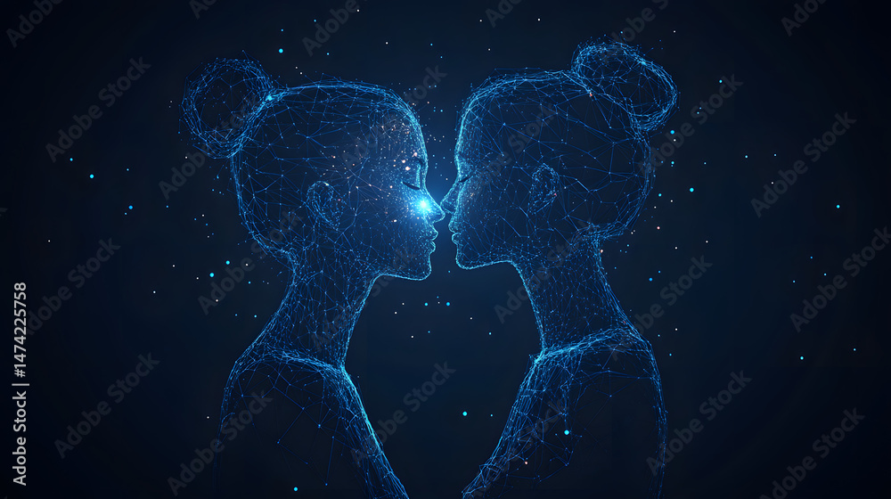 Poster two stylized female figures, depicted in blue wireframe, face each other with noses touching, symbol