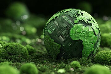 The artwork features a globe on a flat blue background, complete with eco-friendly transport and green technology symbols, and includes space for inserting text
