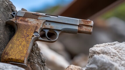 Rusty handgun resting on rocks