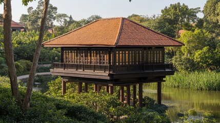 Fototapeta premium Thai wooden pavilion overlooking scenic natural surroundings