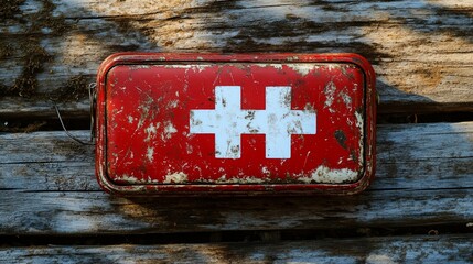 Rusty first-aid kit on weathered wooden planks
