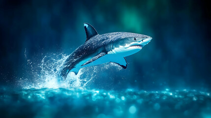 Fototapeta premium A majestic shark leaps from the ocean, water splashing around it in a vibrant blue underwater scene