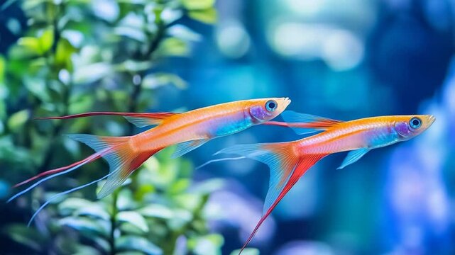 Elegant Pair of Aphyosemion Australe Fish Swimming Gracefully in a Lush Aquarium Setting