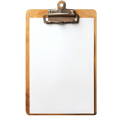 Wooden clipboard with blank white paper ready for notes or writing