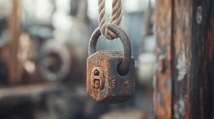 Rusty metal lock hanging from rope