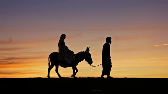 Joseph Virgin Mary on a donkey. Christian religious illustration, background, banner. Advent event	