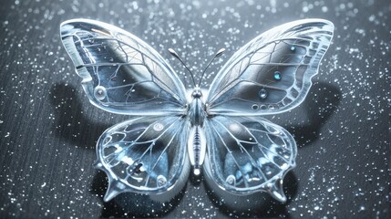 A butterfly made of clear glass is sitting on a black surface