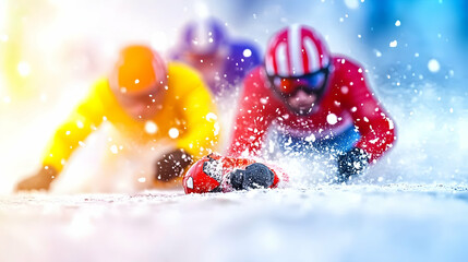Naklejka premium Intense winter sports race; athletes in low position, snow spray, blurred background