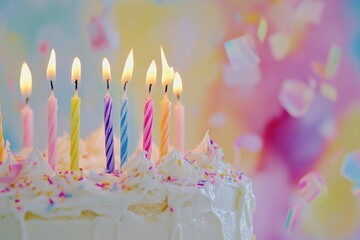 Celebrate birthday with delicious cake and candles happy birthday cake with colorful candles party celebration, Birthday cake with candles and confetti