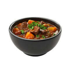 Delicious beef stew in a black bowl garnished with fresh parsley a hearty and flavorful meal
