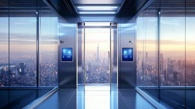 Modern elevator with glass walls offering panoramic views of the cityscape at sunset