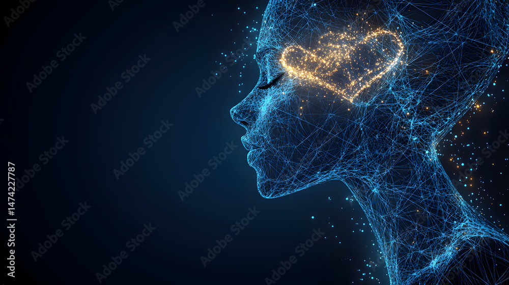 Poster digital portrait revealing inner emotion. a glowing heart symbolizes feelings within a technological