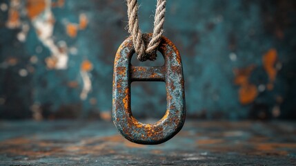Rusty metal shackle hanging from a rope
