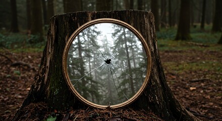 Broken Mirror on Tree Stump in Forest